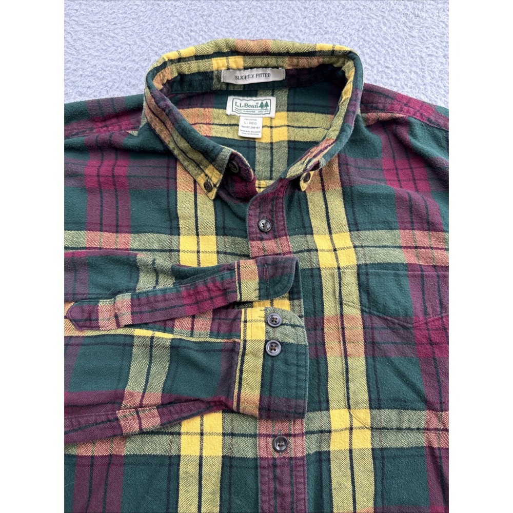 LL Bean Flannel Shirt Mens Large Plaid 298167 Cotton Slightly Fitted Green